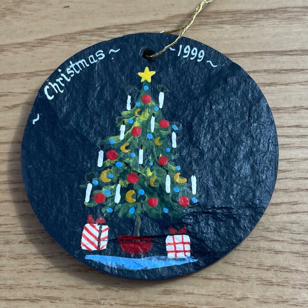 Vintage Slate Christmas Ornament Handpainted w Tree Signed Sigrid Schmidt 1999